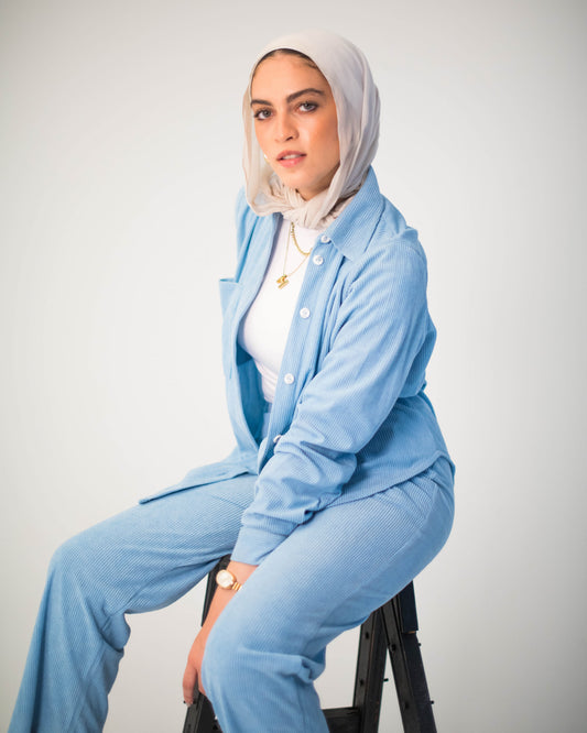 Sky Blue Ribbed Velvet Shirt & Pants Set