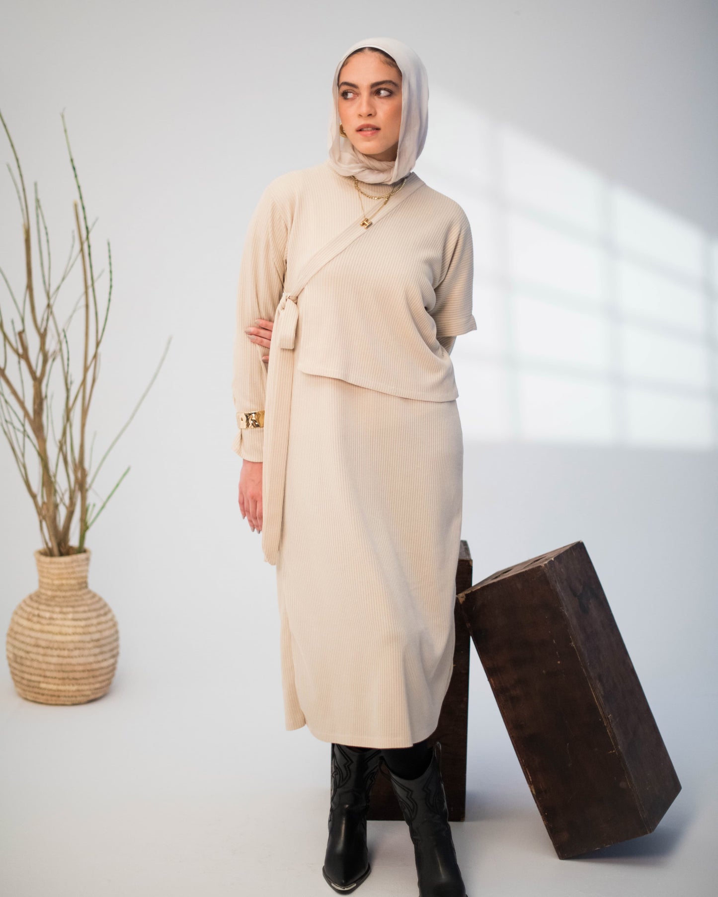 Beige Ribbed Knit Dress