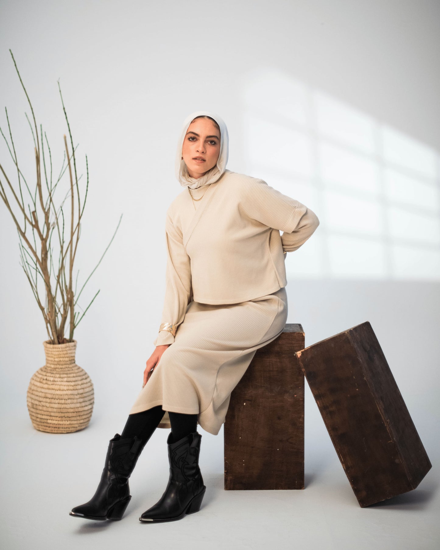 Beige Ribbed Knit Dress