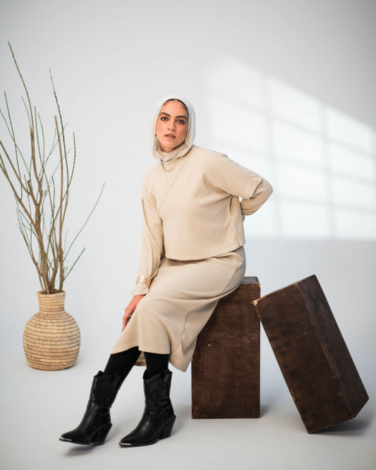 Beige Ribbed Knit Dress