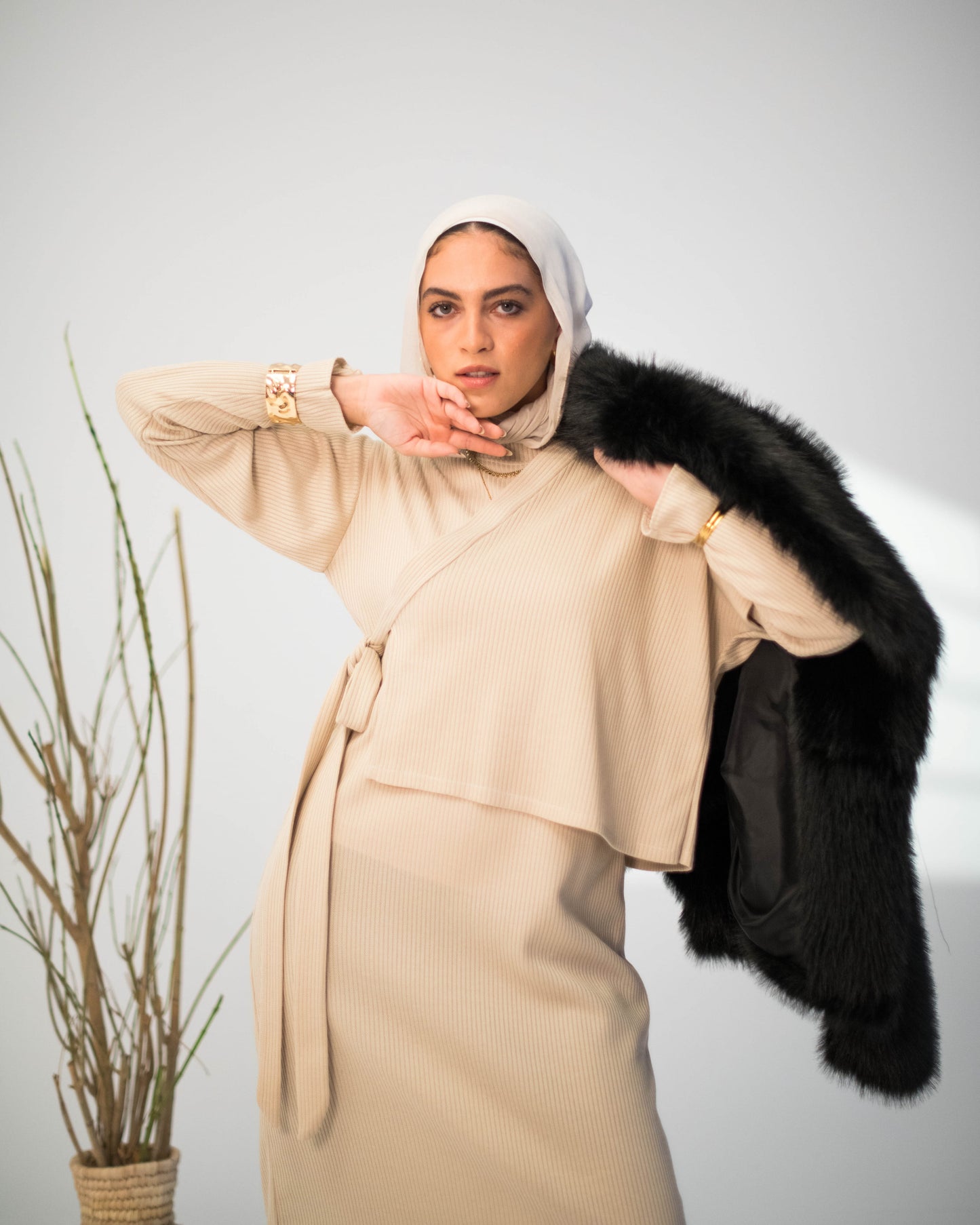 Beige Ribbed Knit Dress