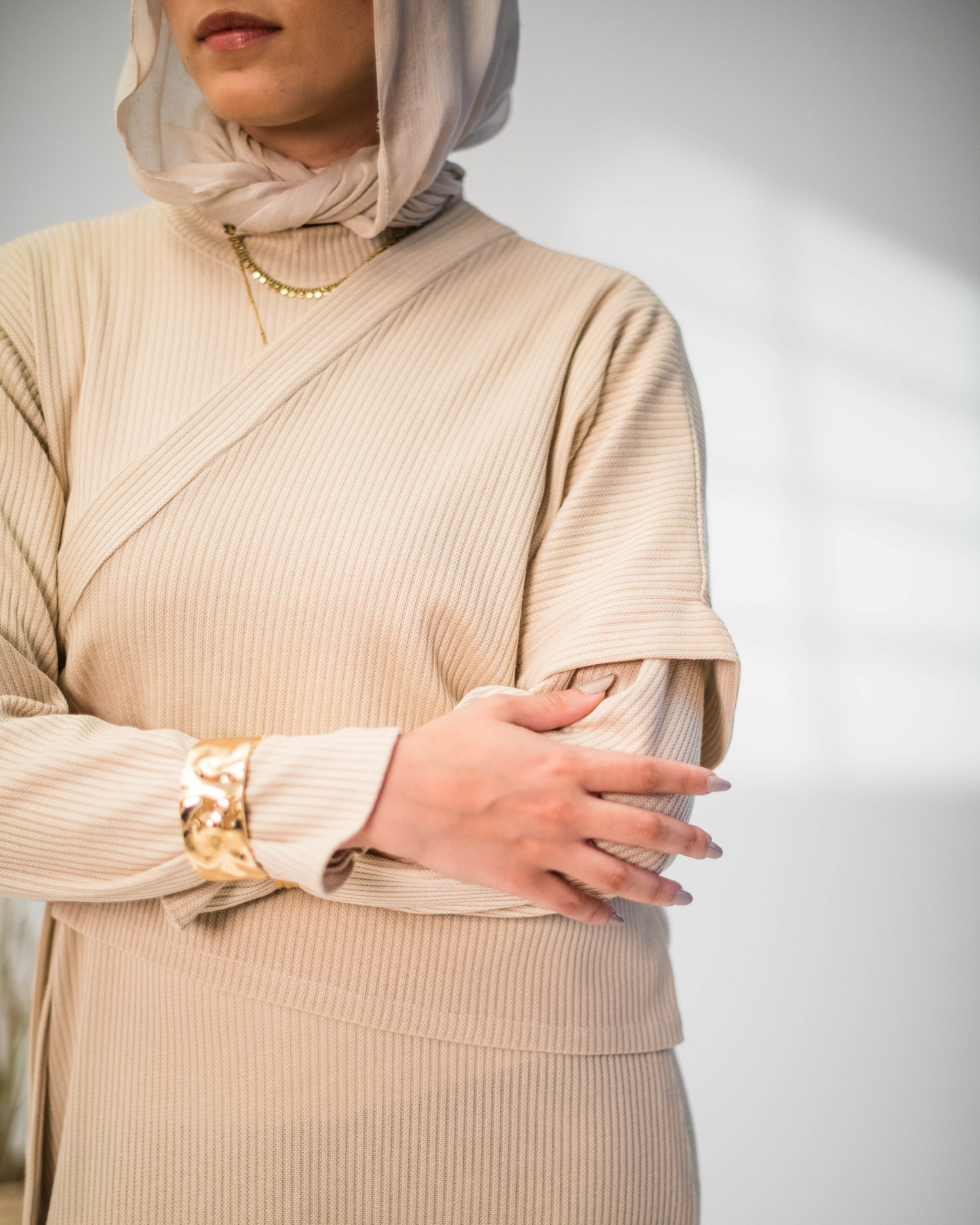 Beige Ribbed Knit Dress