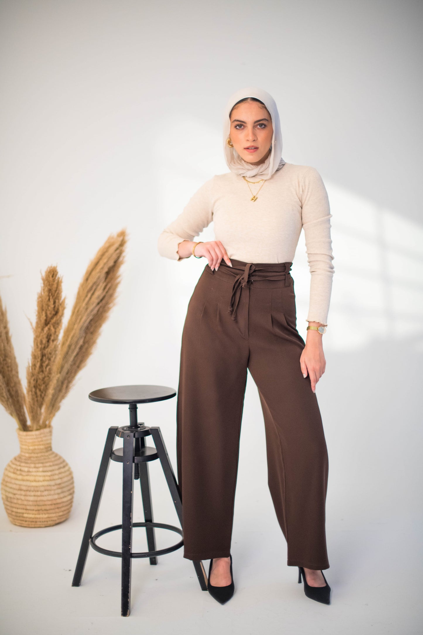 Brown High-Waist Tie Pants