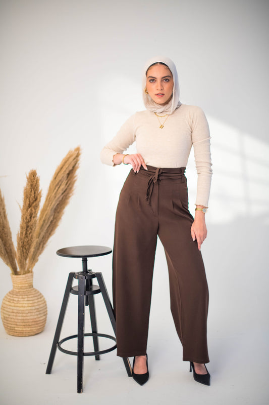 Brown High-Waist Tie Pants