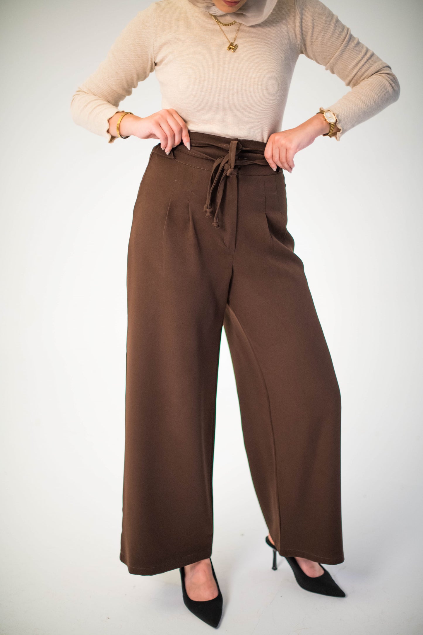 Brown High-Waist Tie Pants