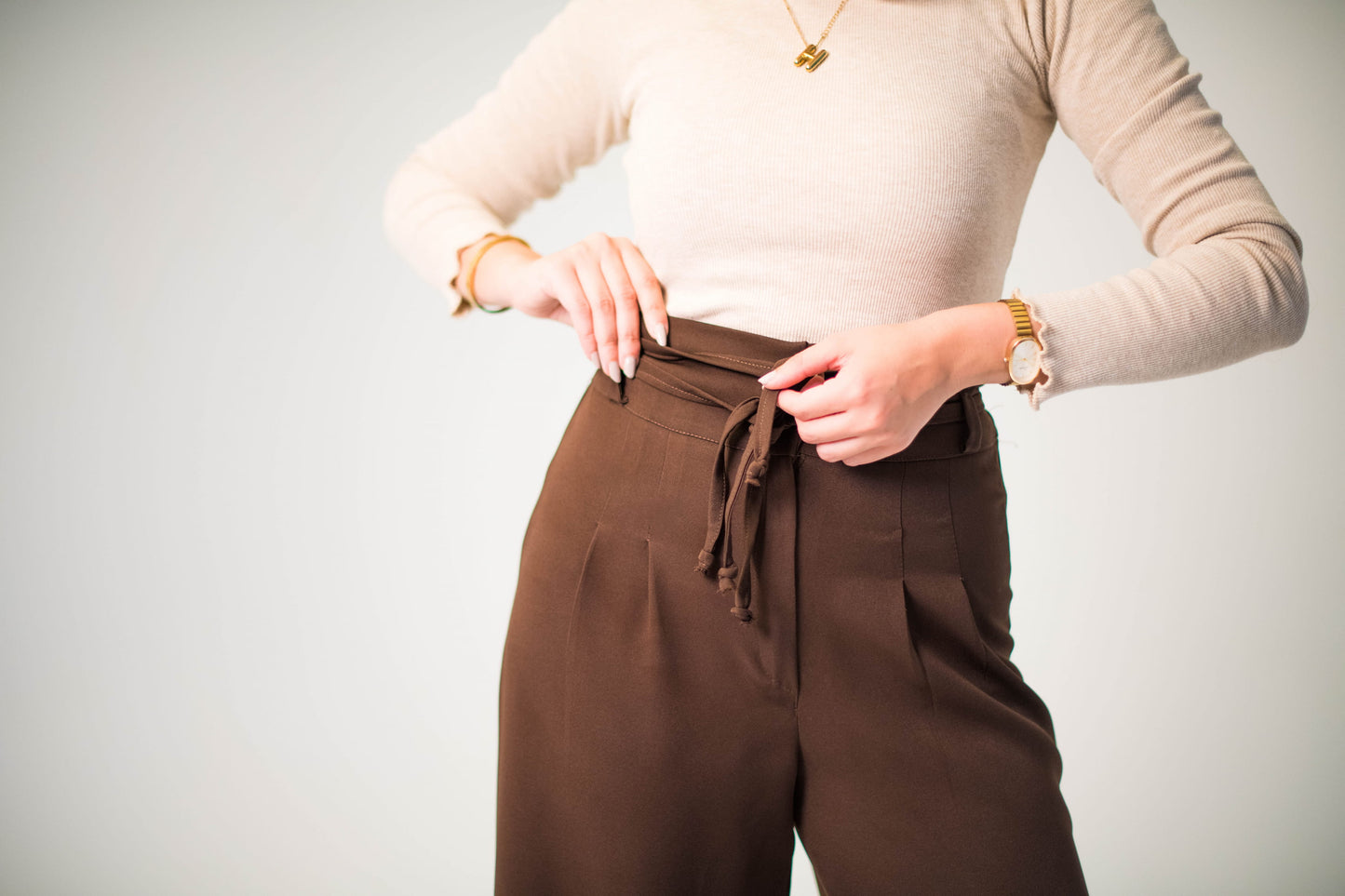 Brown High-Waist Tie Pants