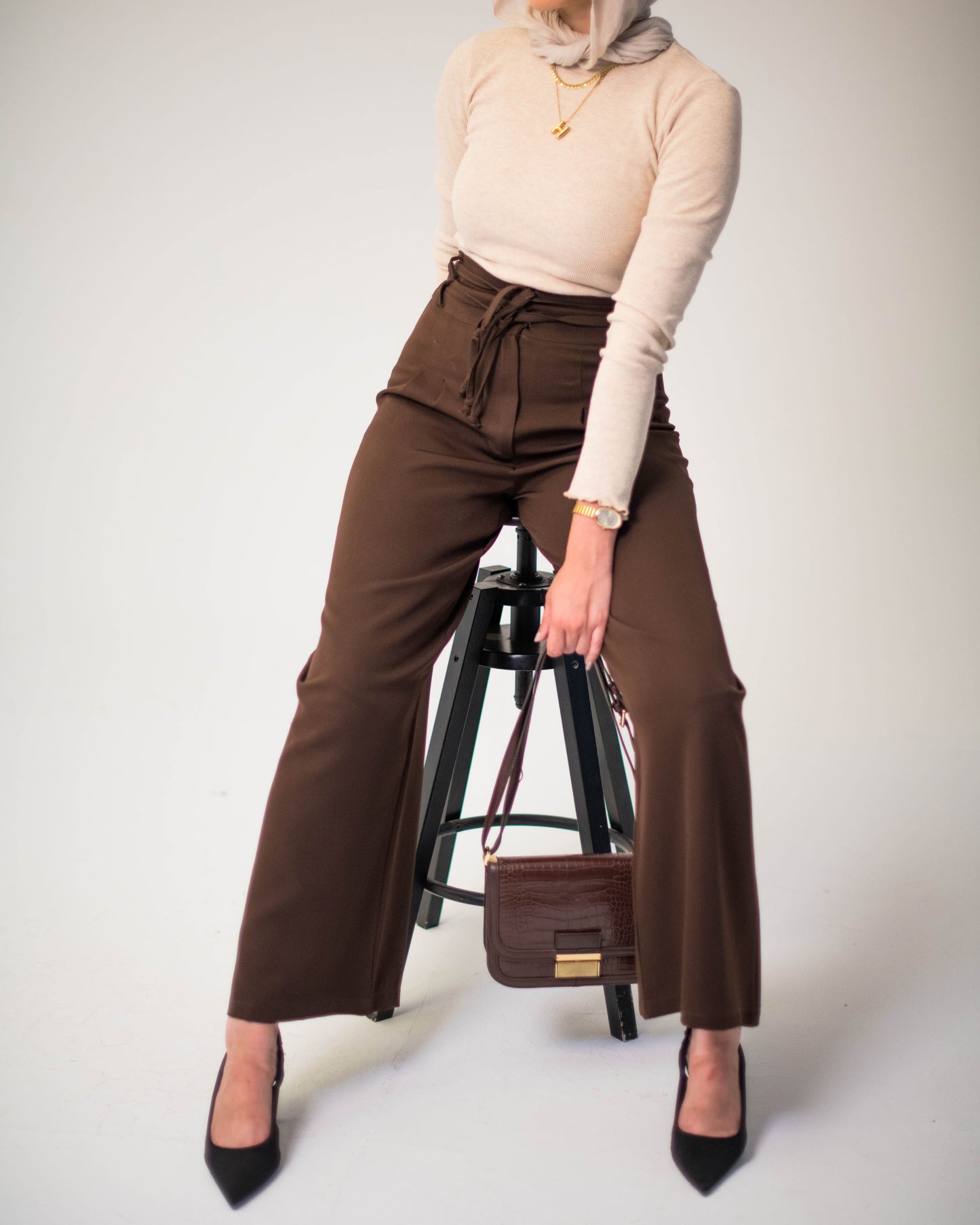 Brown High-Waist Tie Pants