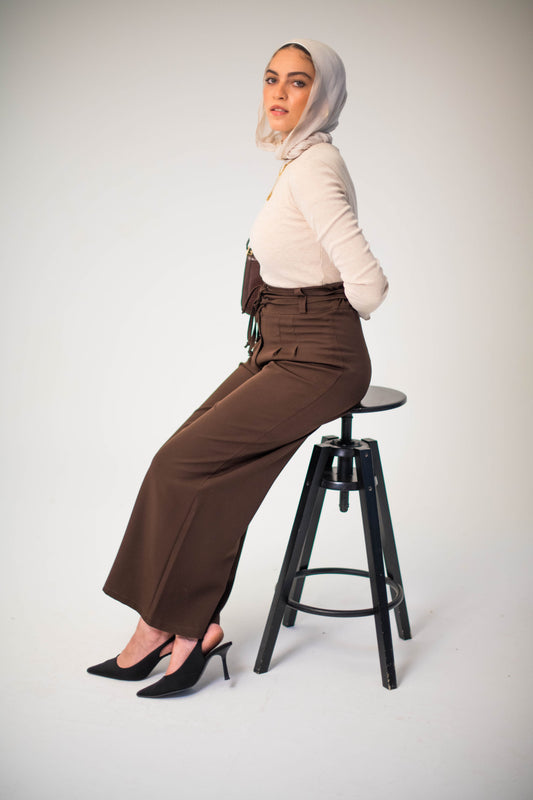 Brown High-Waist Tie Pants