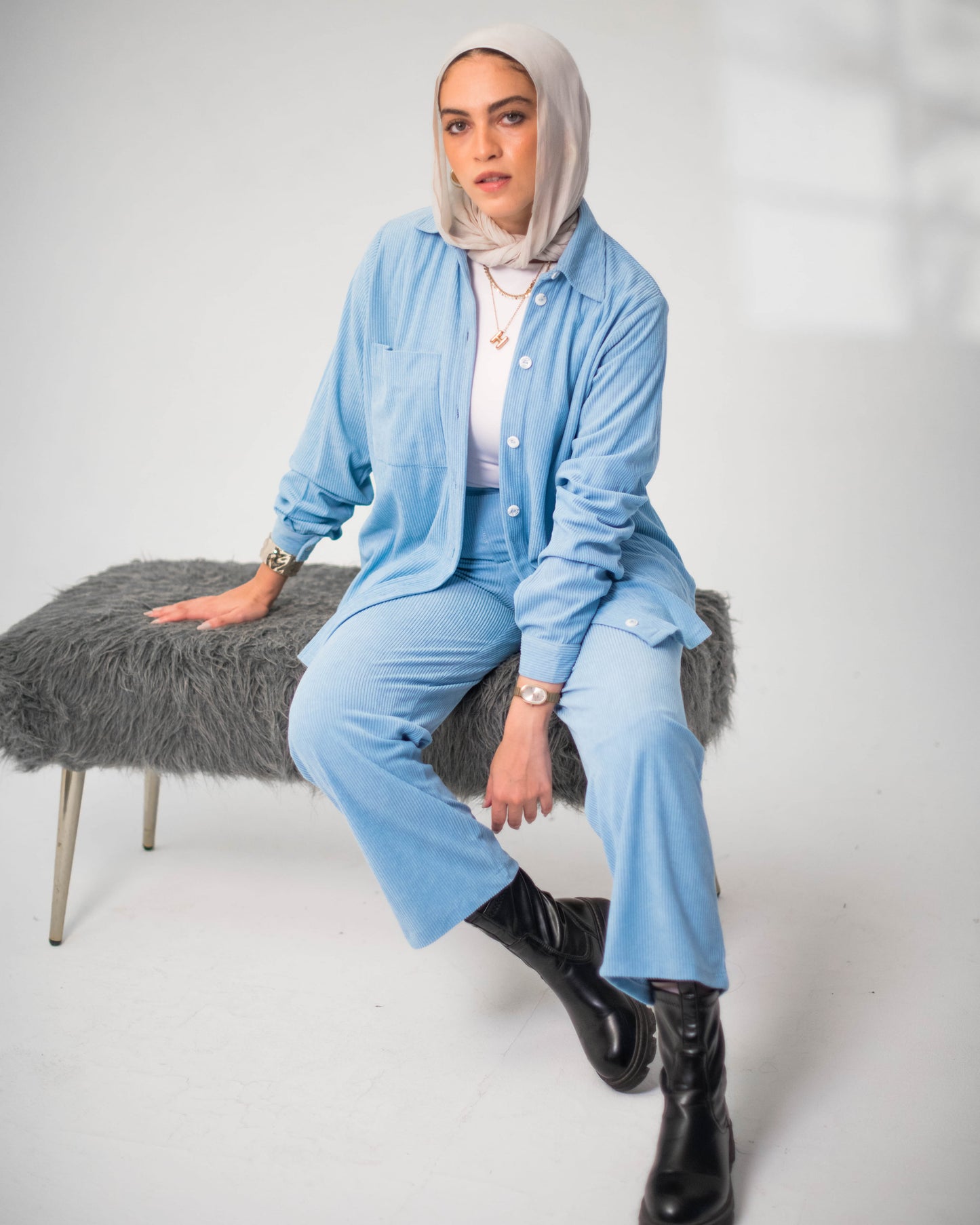 Sky Blue Ribbed Velvet Shirt & Pants Set