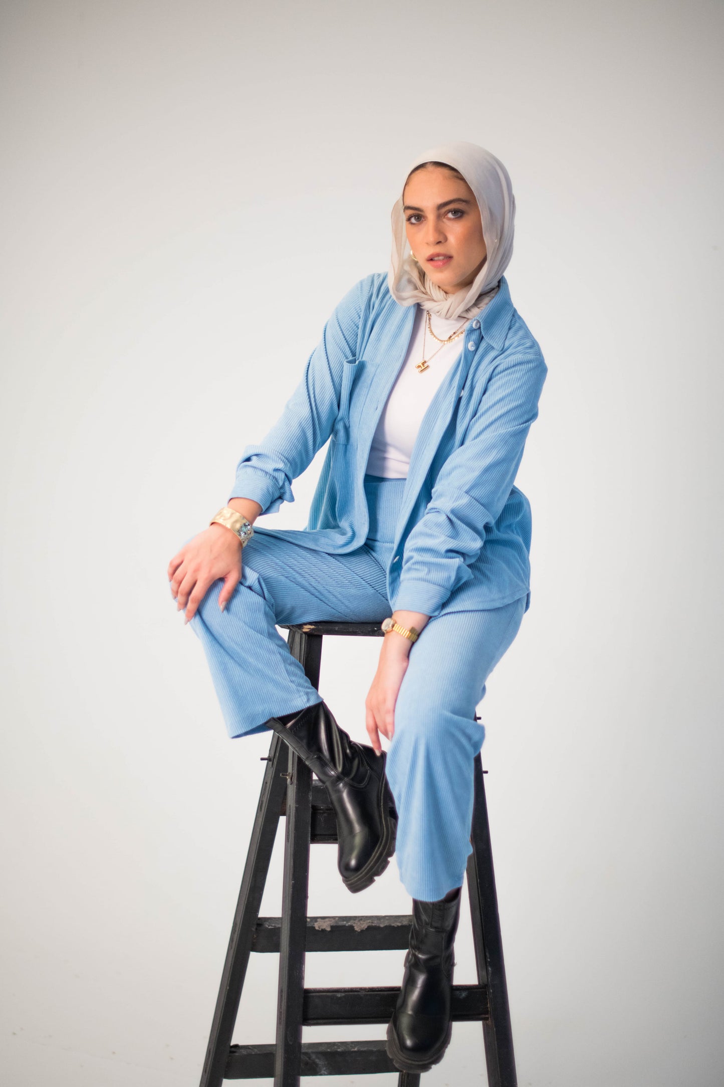Sky Blue Ribbed Velvet Shirt & Pants Set