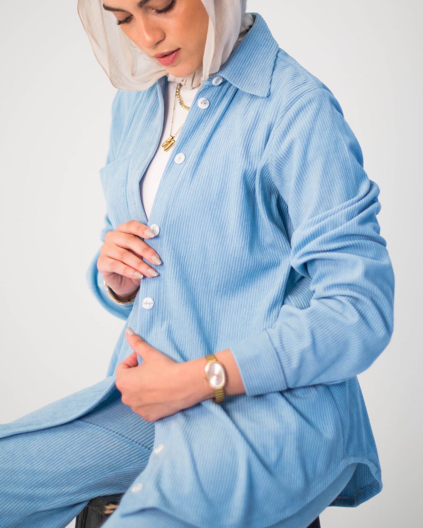 Sky Blue Ribbed Velvet Shirt & Pants Set
