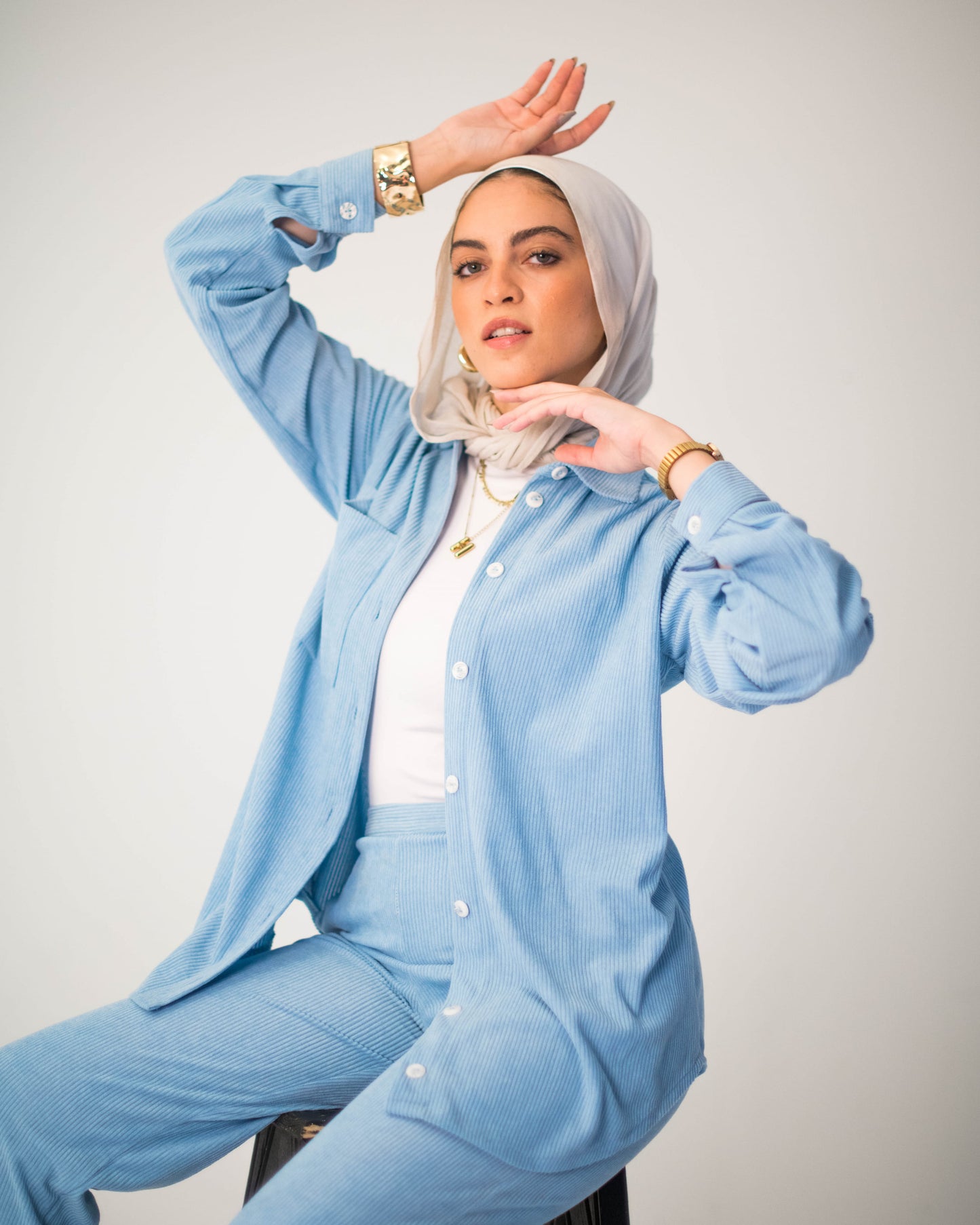 Sky Blue Ribbed Velvet Shirt & Pants Set