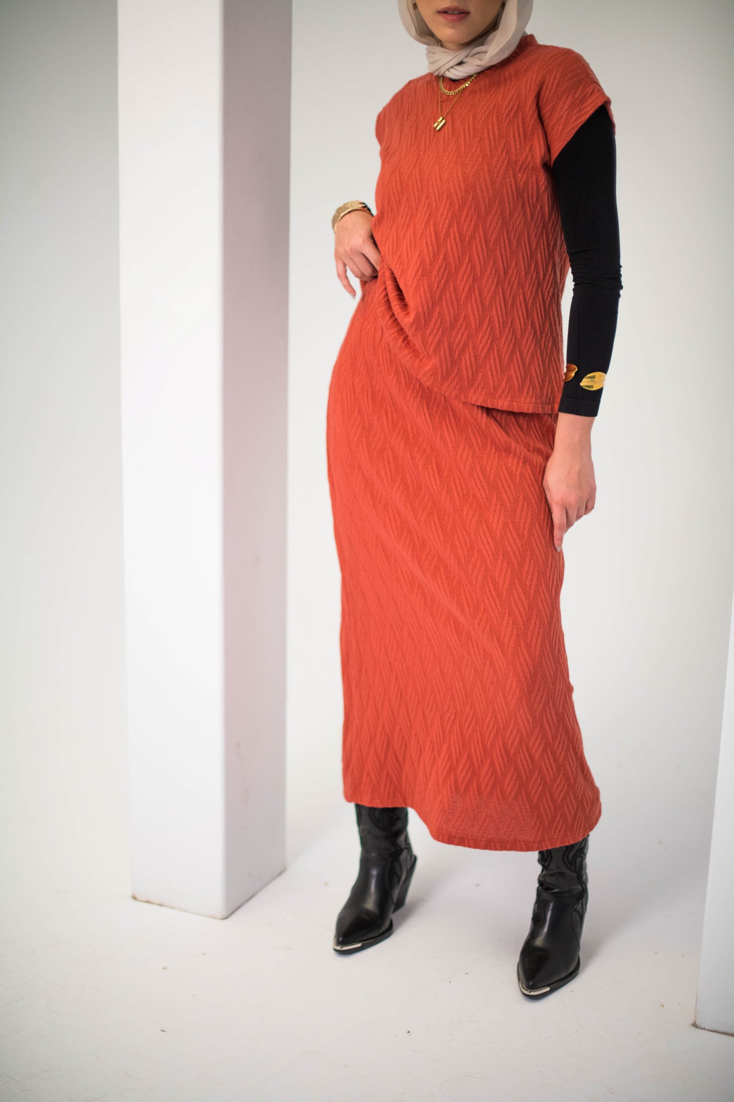 Textured Knit Set In Terracotta