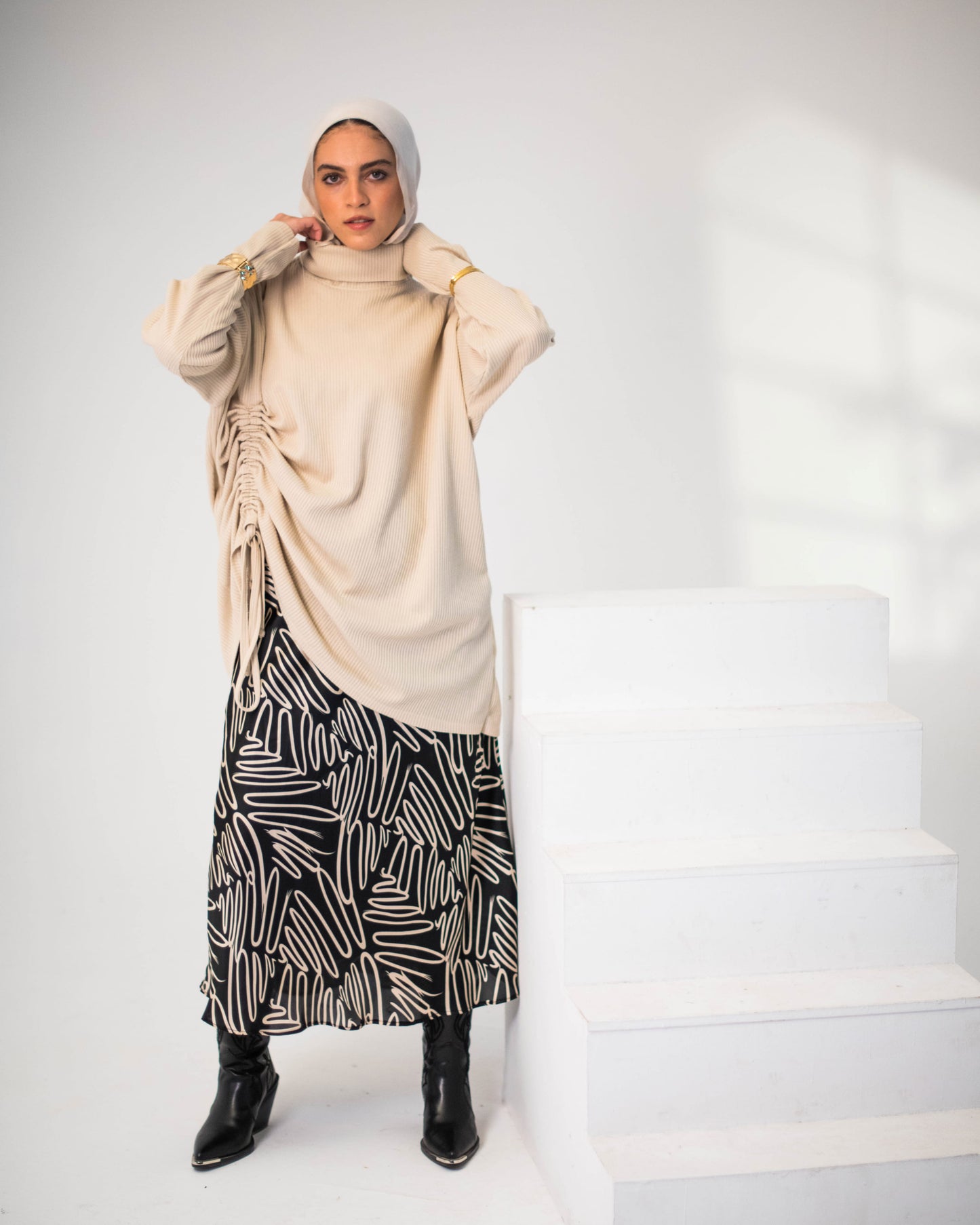 Beige Ribbed Top with Adjustable Side Drawstring