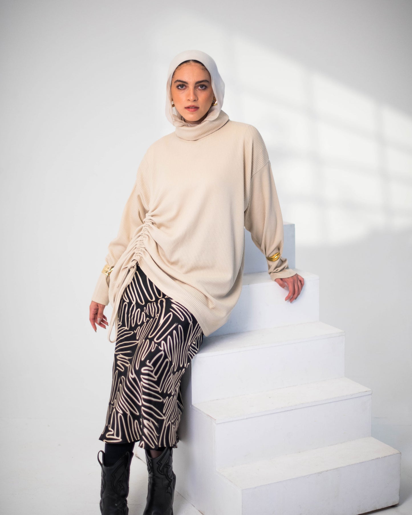 Beige Ribbed Top with Adjustable Side Drawstring