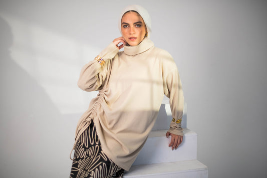 Beige Ribbed Top with Adjustable Side Drawstring