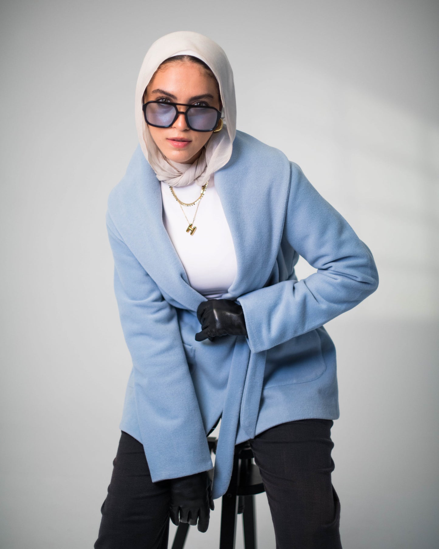 Sky Blue Wool Coat with Belt