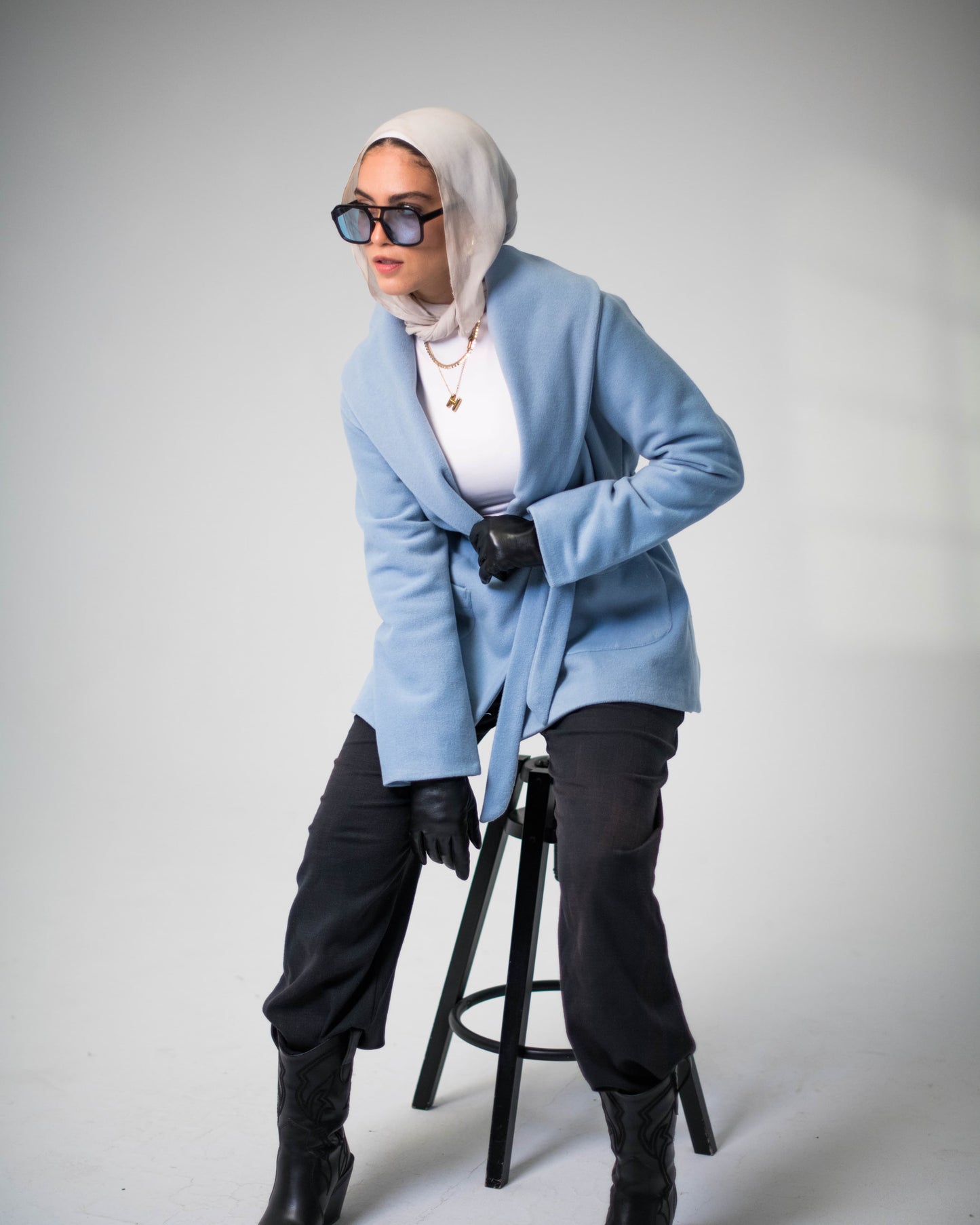 Sky Blue Wool Coat with Belt