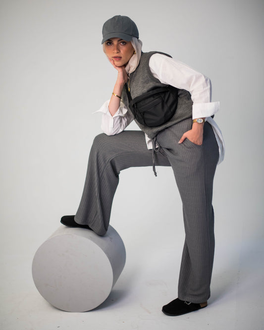Grey Ribbed Wide-Leg Pants