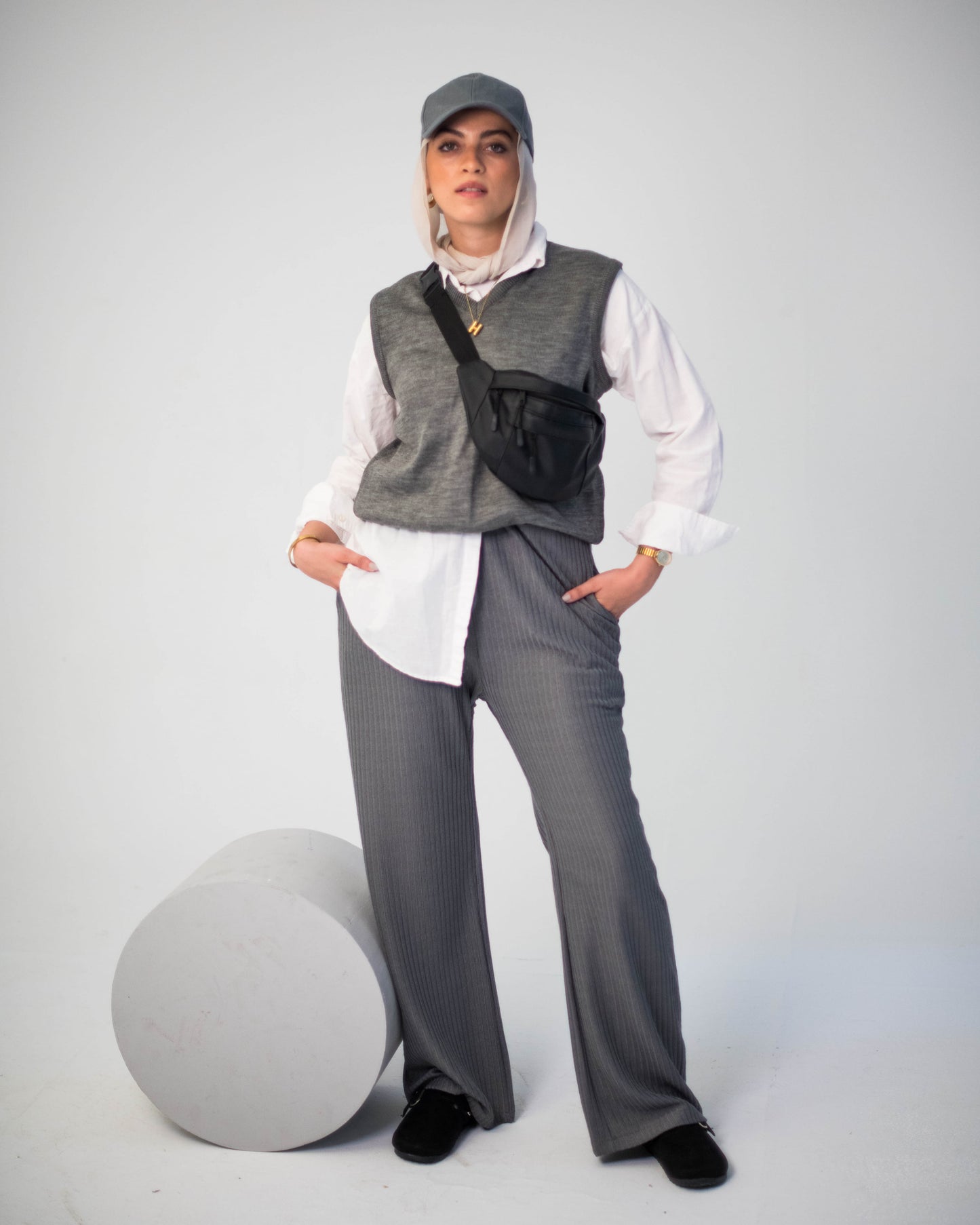 Grey Ribbed Wide-Leg Pants