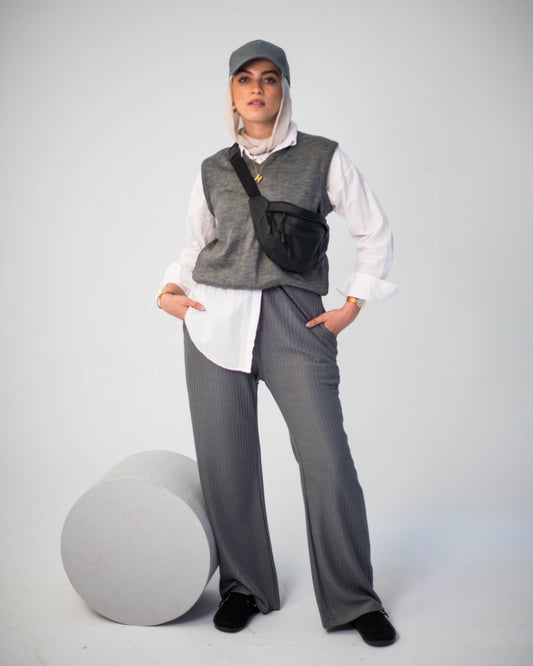 Grey Ribbed Wide-Leg Pants