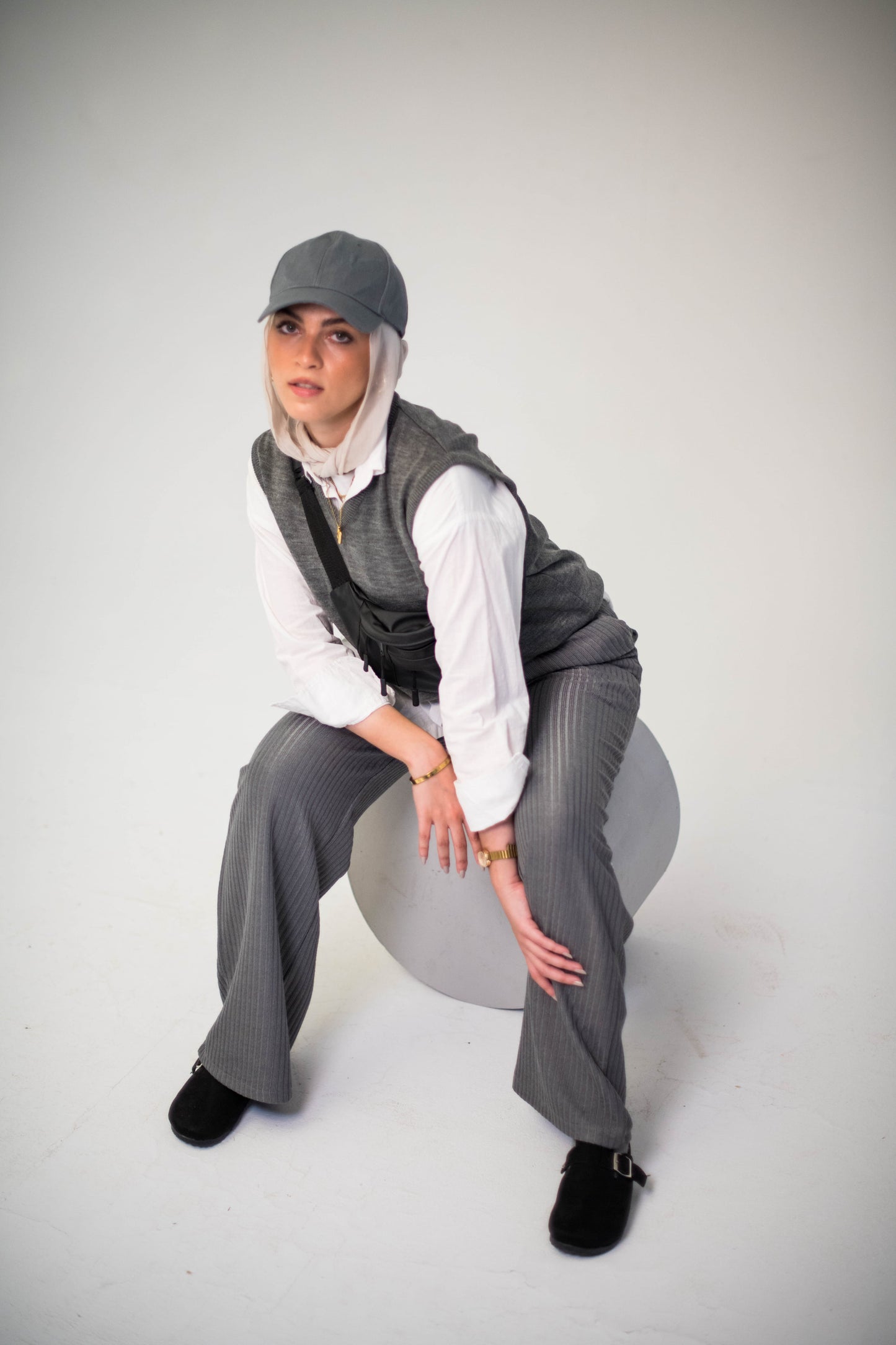 Grey Ribbed Wide-Leg Pants