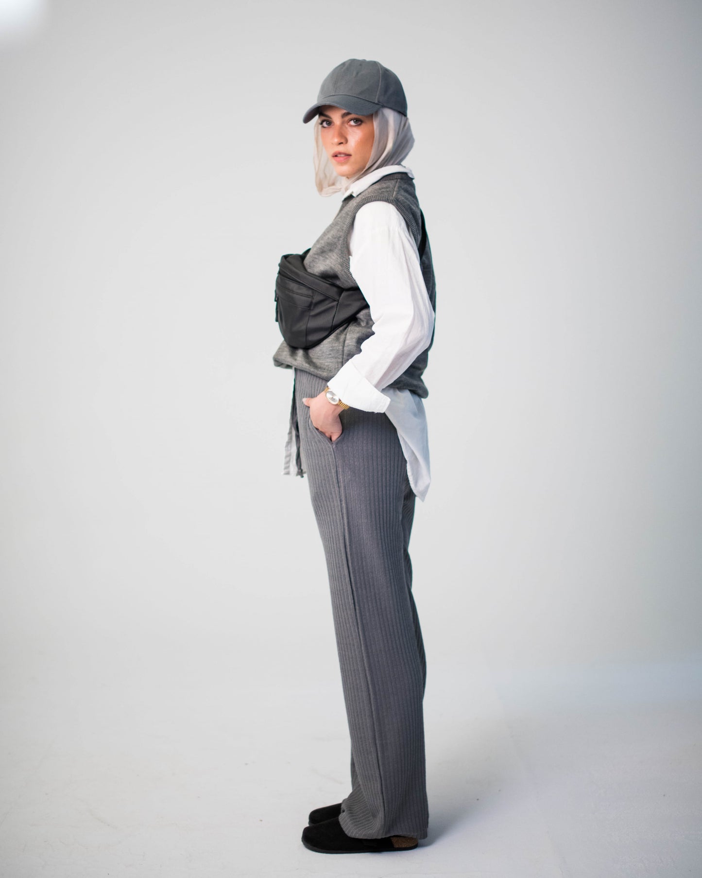 Grey Ribbed Wide-Leg Pants