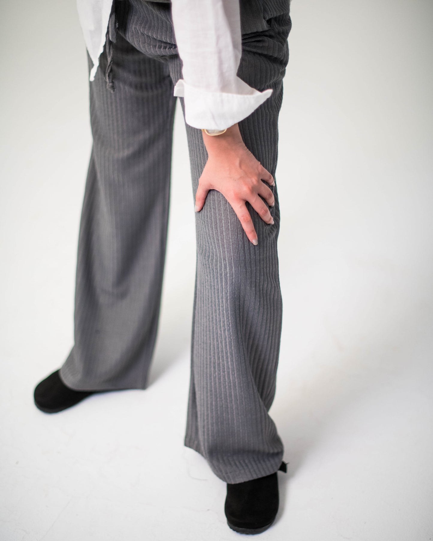 Grey Ribbed Wide-Leg Pants